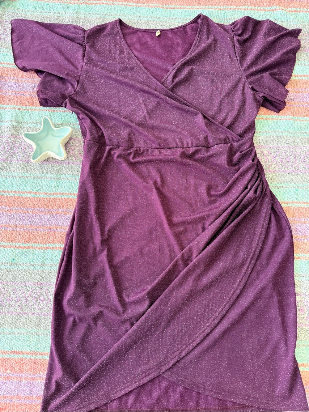 ZOMVA 4XL Purple Shimmer Faux Wrap Dress Ruched Tulip Hem Plus Size